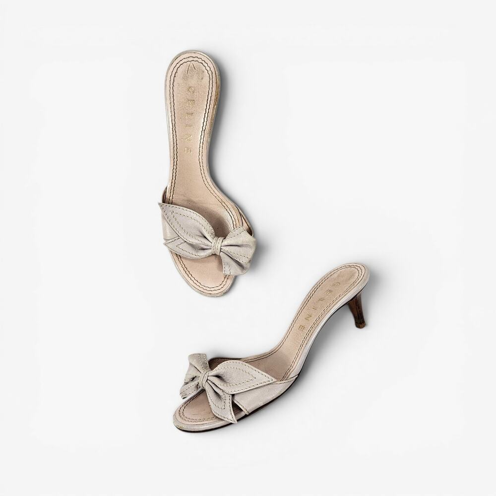 Celine Kitten Heel Mules Brown Leather Bow Detail - Size 36.5 EU